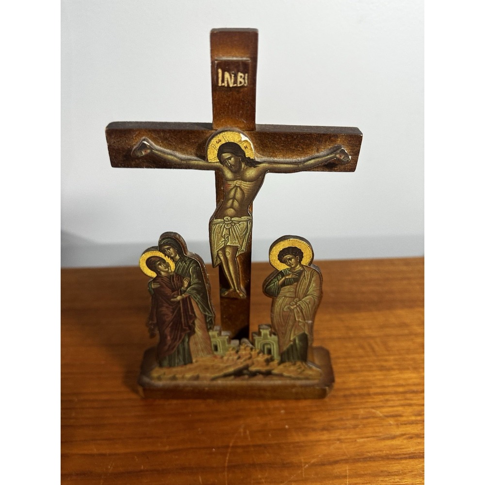 Eastern Orthodox Byzantine Crucifixion Icon Wood Standing Cross Golgotha 8"